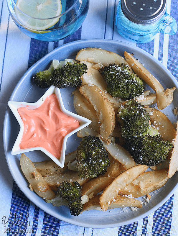 Garlic Parmesan Broccoli and Potato Wedges