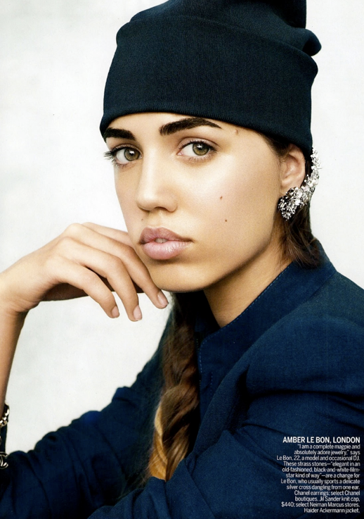 AMBER LE BON VOGUE US BEANIE KNIT NAVY DIAMOND GEM LARGE EMBELLISHED EARRINGS BRAID BOLD BROWS THICK LIPS NUDE NAILS