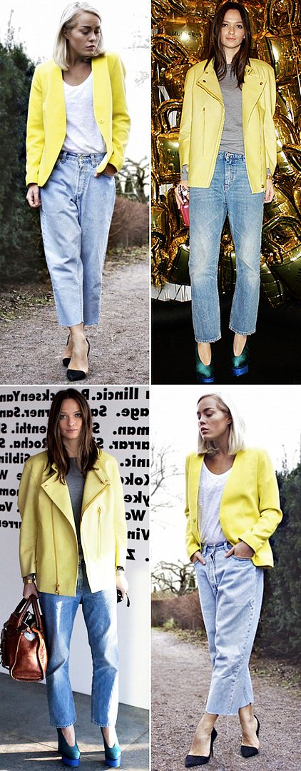 ANGELICA BLICK STREET STYLE BLOGGER BRIGHT YELLOW  MOTO JACKET LEATHER ACNE BOYFRIEND CROPPED JEANSTWO TONE PLATFORMS COLUMBINE SMILLE BLACK PUMPS BLEACH HAIR LONDON FASHION WEEK SPRING SUMMER 2012 b2