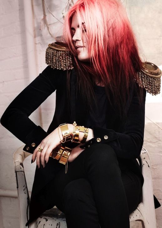 LE FASHION BLOG PINK HAIR EDDIE BORGO FW CAMPAIGN ALISON MOSSHART THE KILLS MILITARY SHOULDER JACKET STACKED BRACELETS CUFFS GOLD 10