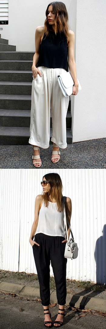 KAITLYN MODERN LEGACY BLOGGER LOOKS BLACK AND WHITE MINIMAL LOOKS INSPIRATION ROUND SUNGLASSES WIDE LEG WHITE PANTS SANDALS JOGGER TRACK PANTS TANK TOPS TUCKED CROPPED WHITE BAGS CLUTCH SPRING SUMMER 2012 OMBRE HAIR WAVY