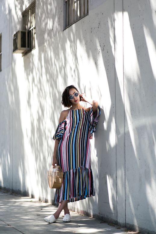 Le Fashion Blog Storets Striped Cold Shoulder Dress Wicker Tote White Flats Via The Chriselle Factor