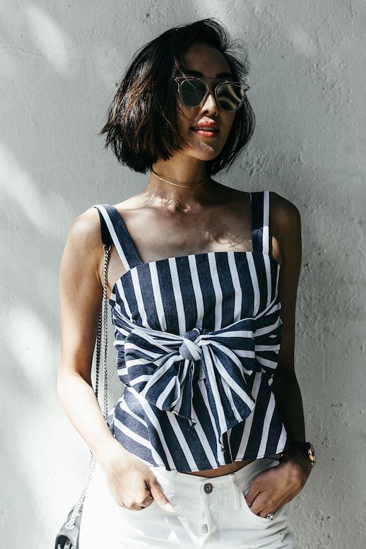Le Fashion Blog Striped Wrap Front Top Retro sunglasses White Jeans Via The Chriselle Factor