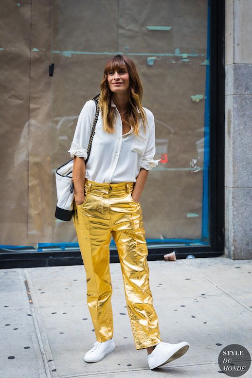 How to Wear Gold Metallic Pants This Fall