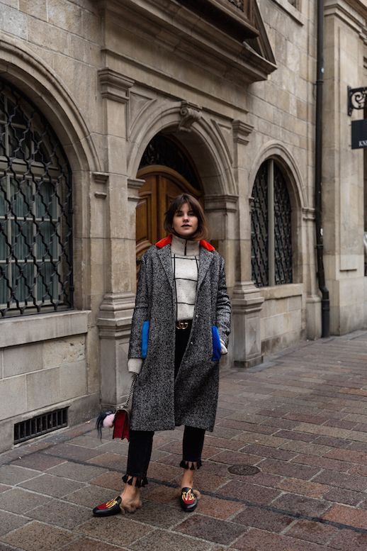 Le Fashion Blog Wool Long Coat Grid Turtleneck Black Tassel Pants Gucci Mules Via The Fashion Fraction 