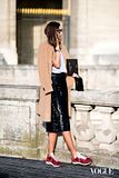 Street Style: Camel Coat, Sequin Skirt + Nike Sneakers in Paris