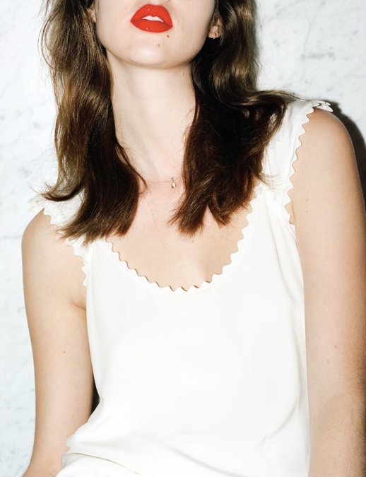 LE FASHION BLOG EDITORIAL GIRL IN PROGRESS Anais Pouliot Sean Thomas Wonderland Magazine Styled by Julia Sarr Jamois WHITE DRESS SMALL PENDANT CHARM GOLD NECKLACE GREEN REDLIP LIPSTICK 2