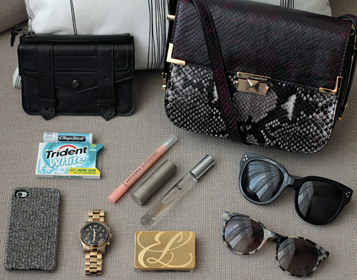LE FASHION BLOG WHATS IN MY BAG REBECCA MINKOFF KISS KISS BURGUNDY GREEN BLACK COLOR BLOCK JEWEL TONE SNAKE SKIN PYTHON EMBOSSED SHOULDER CROSS BODY BAG PROENZA SCHOULER SMALL ZIP CASE SEPHORA CUTICLE OIL PEN CHLOE PERFUME ROLL ON ILIA TINTED LIP CONDITIONER BANG BANG ESTEE LAUDER COMPACT CELINE LARGE AUDREY SUNGLASSES PRISM PARIS TORT  SUNGLASSES MICHAEL KORS GOLD WATCH TRIDENT WHITE GUM MEDICATED CHAPSTICK SPARKLY RHINESTONE IPHONE CASE CELLAIRIS
