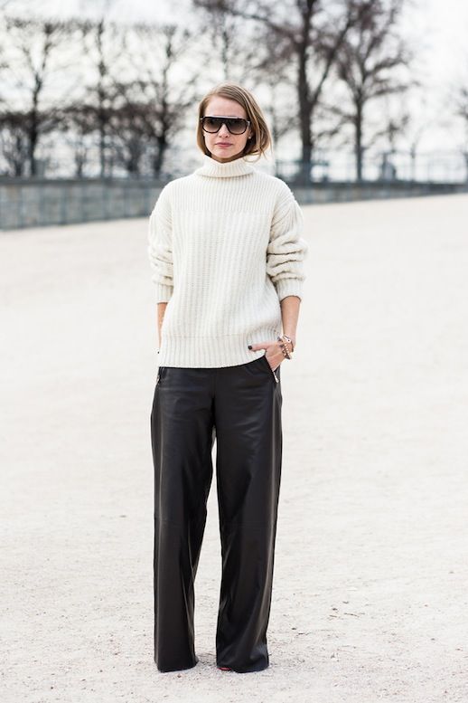 LE FASHION BLOG PARIS FASHION WEEK STREET STYLE HOLLI ROGERS TEXTURED KNIT LUXE LEATHER VIA A LOVE IS BLIND NET A PORTER FASHION FLAT TOP AVIATOR SUNGLASSES METAL BAR TEXTURED RIBBED OFF WHITE TURTLENECK KNIT SWEATER LEATHER WIDE LEG TROUSERS PANTS DRAPE BUTTERY SOFT CONED PAVE SPIKE BRACELET STACK BLACK NAILS MANICURE PARIS FASHION WEEK photo LEFASHIONBLOGSTREETSTYLEHOLLIROGERSTEXTUREDKNITLUXELEATHERVIAALOVEISBLIND.jpg