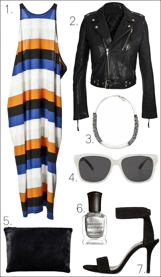 LE FASHION OUTFIT COLLAGE MELINDA DRESS CHEAP MONDAY LEATHER MOTO JACKET BLK DNM MANIA MANIA NECKLACE THE ROW LINDA FARROW SUNGLASSES CLARE VIVIER CLUTCH ALEXANDER WANG COLLETTE