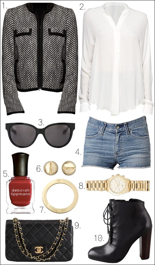 OUTFIT COLLAGE ELIZABETH AND JAMES BOOTIES VINE WHITE BLOUSE BOUCLE ASOS JACKET MARC BYB MARC SUNGLASSES ALC EARRINGS SCREW VINTAGE CHANEL BAG MICHAEL KORS WATCH GORJANA RING