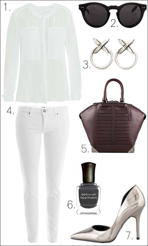 OUTFIT COLLAGE MINT ALC  MOLLY SHIRT HOUSE OF HARLOW SUNGLASSES LUV AJ CROSS EARRINGS WHITE PAIGE DENIM SKINNY EMILE BURGUNDY ALEXANDER WANG TOTE SILVER MIRRORED PUMPS BOUTIQUE 9 METALLIC