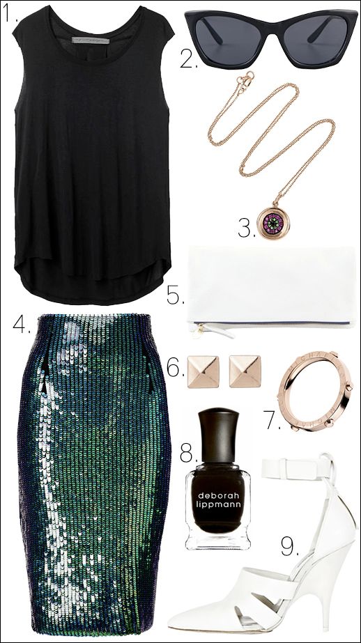 OUTFIT COLLAGE Sleeveless Tee Raquel Allegra  Sunglasses Cheap Monday Ileana Makri The Row Evil Eye Necklace  H&M SEQUIN GREEN MIDI PENCIL SKIRT Clutch CLARE VIVIER Stud Earrings Jules Smith Ring Michael Kors Joan Pump WHITE HEEL Alexander Wang FASHION BLOG