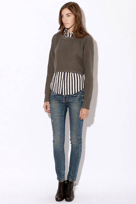 URBAN OUTFITTERS BLACK AND WHITE STRIPE STRIPED BUTTON UP LAYERS SWEATER SKINNY DENIM VINTAGE LACE UP BOOTS