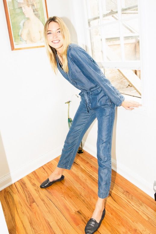 Le Fashion Blog Blonde Model Martha Hunt Fall Denim Jumpsuit Slip On Loafers Via The Coveteur
