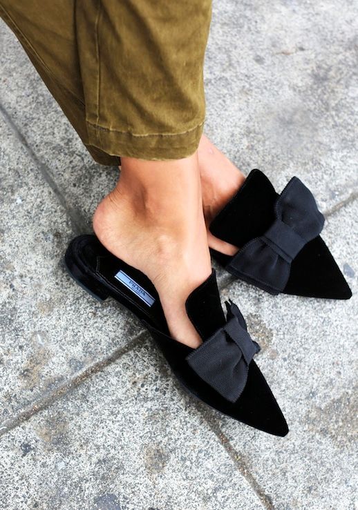 Le Fashion Blog Fall Blogger Style Prada Pointed Toe Mule Flats With Bows Brown Pants Via Sincerely Jules