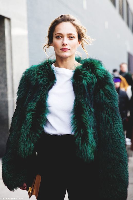 Le Fashion Blog Ways To Wear Green Jacket Coat Fall Winter Street Style Cropped Oversized Fur White Tee High Waist Pants Via Collage Vintage