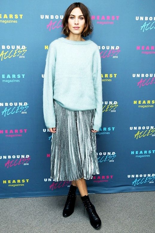 Alexa Chung Makes A Serious Case For A Metallic Pleated Skirt