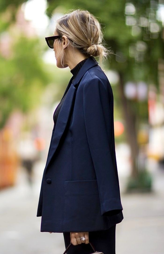 Le Fashion Blog -- Simple style with Celine sunglasses, a low bun and navy blue suit -- Angela Fink of The Fashion Sight -- photo Le-Fashion-Blog-Simple-Things-Minimal-Style-Celine-Sunglasses-Low-Bun-Navy-Blue-Suit-Via-Angela-Fink-The-Fashion-Sight.jpg