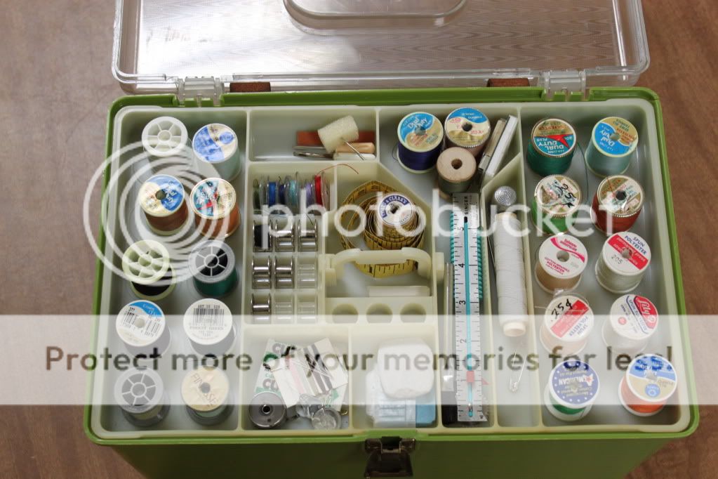   Box w/ Tools Needles Buttons Thread Etc. Many Wooden Spools  