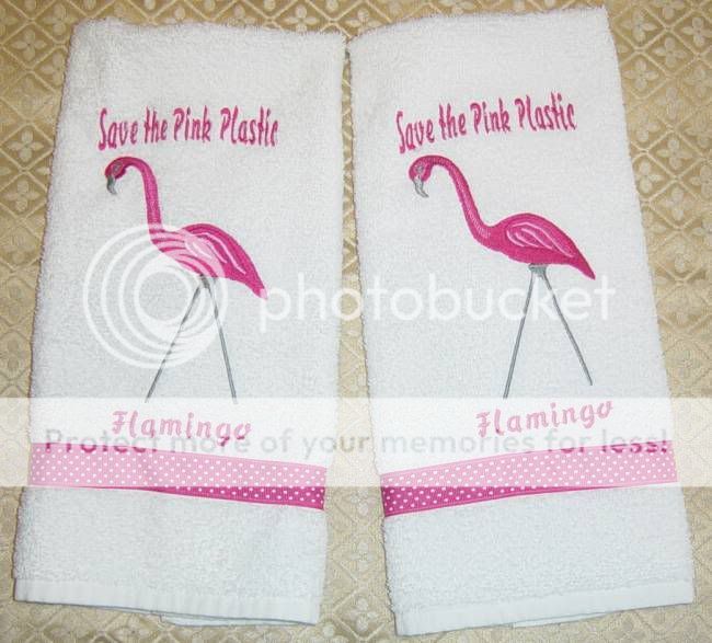   SAVE THE PINK PLASTIC FLAMINGO EMBROIDERED HAND TOWEL   READY TO SHIP