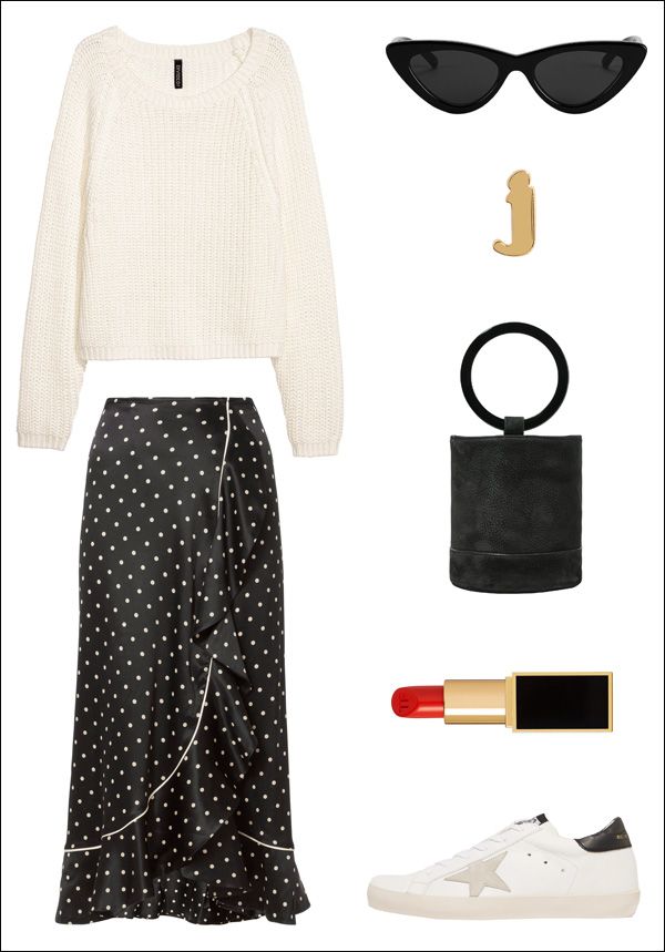 How To Skirt With Sneakers OOTD Outfit HM Sweater Le Specs Lolita Cat Eye Sunglasses Ganni Polka Dot Skirt Simon Miller Bonsai Bag Madewell Initial Stud Earring Tom Ford Vermillionaire Lipstick Golden Goose Sneakers Le Fashion Blog