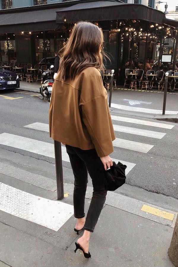 Stylish Instagram outfit idea with a camel jacket, black skinny jeans, and kitten heel mules