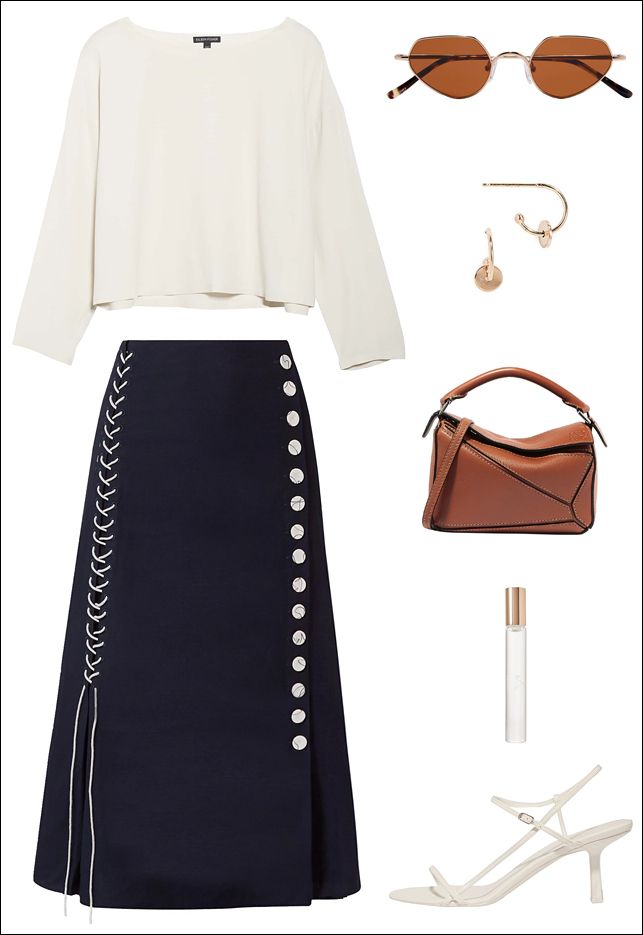 Spring Outfit Idea With a Midi Skirt, Loewe Puzzle Bag, and The Row Bare Sandals
