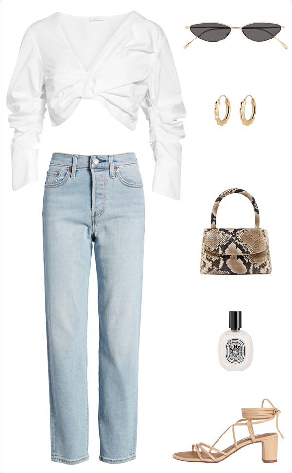 Spring Outfit Idea: White Crop Top,  Cat-Eye Sunglasses, Hoop Earrings, Snakeskin Mini Bag, and Ankle-Tie Sandals
