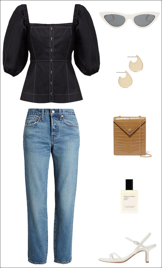 Spring Outfit Idea: Square Neckline Balloon Sleeve Top, Jeans, and Kitten Heel Sandals