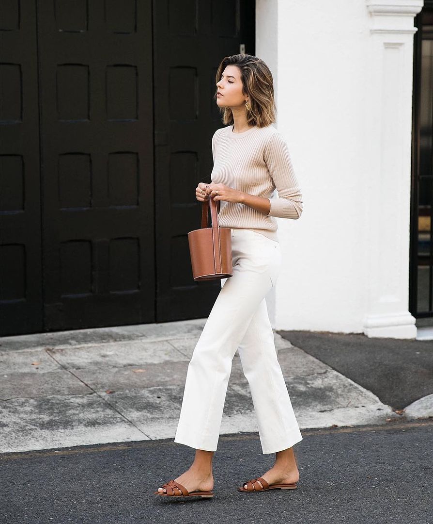 Neutral Spring Instagram Outfit Idea: Ribbed Top, Bucket Bag, White Pants, and Saint Laurent Tribute Slide Sandals