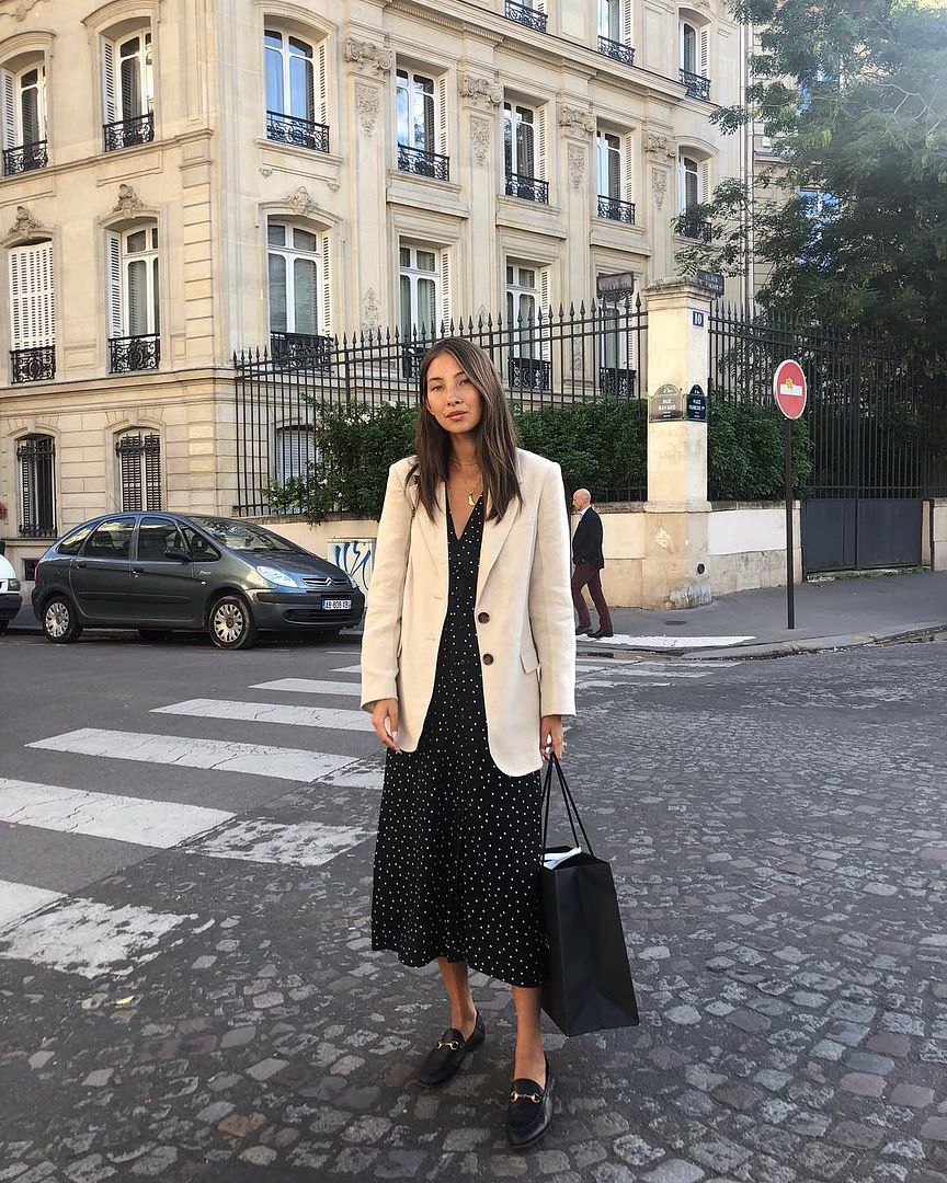 2 Ways to Wear a Linen Blazer for Spring — @fakerstrom in Polka-Dot Midi Dress and Gucci Loafers