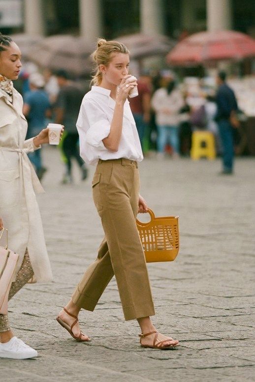 Weekend Outfit Idea: White Button-Down Shirt, Tan Pants, and Strappy Flat Sandals
