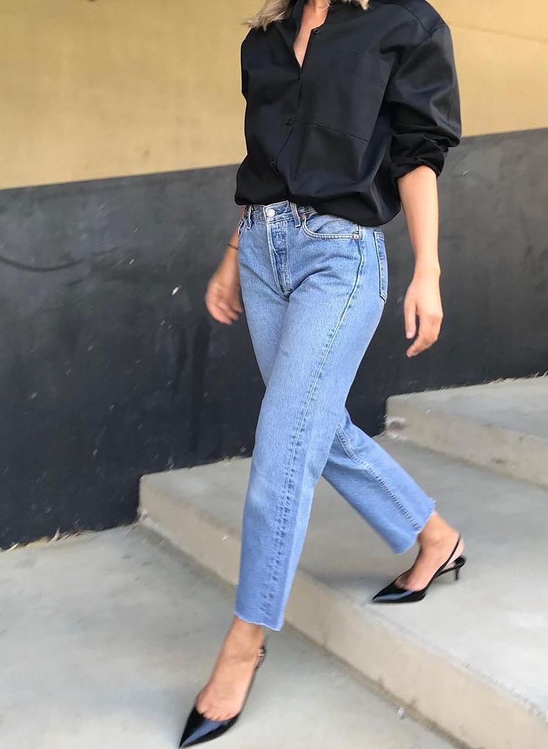 This Stylish 3-Piece Instagram Outfit Has Our Attention — Black Shirt, Raw-Hem-Jeans, and Slingback Heels