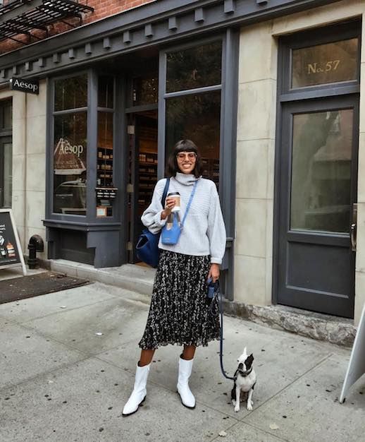 Le Fashion Blog Aviator Sunglasses Grey Turtleneck Printed Chiffon Midi Skirt White Boots Via @babba.c 