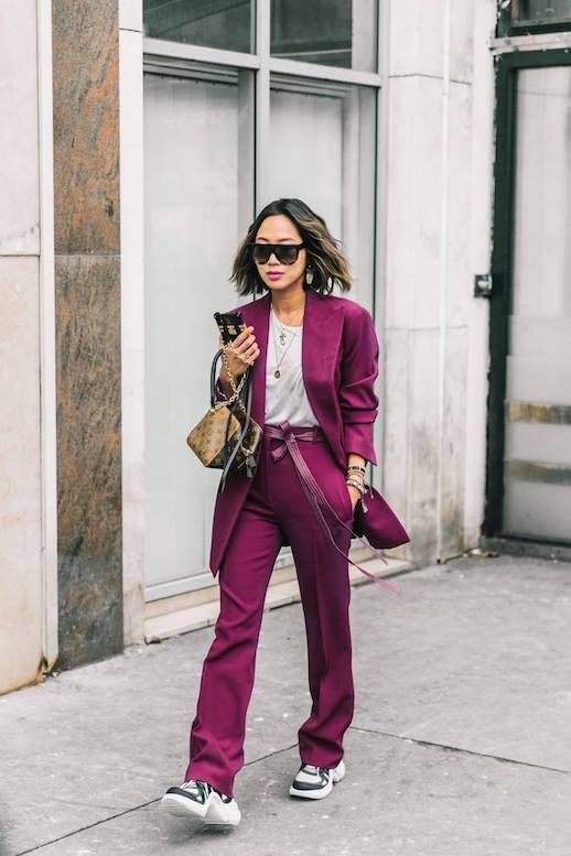 Le Fashion Blog Aimee Song Casual Suit Sunglasses Purple Blazer White T Shirt Purple Trousers Black Sneakers Via Collage Vintage 