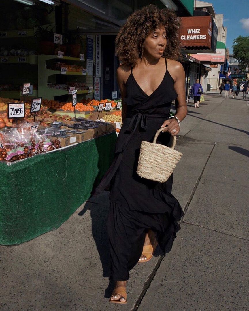 Le Fashion Blog Black Strappy Silk Maxi Dress Mini Basket Bag Nude Flat Sandals Via Karenbritchick Instagram