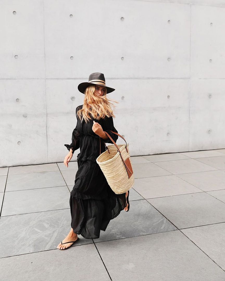 Le Fashion Blog Black Straw Hat Black Ruffled Maxi Dress Straw Loewe Tote Black Flip Flops Via @Mija_mija 