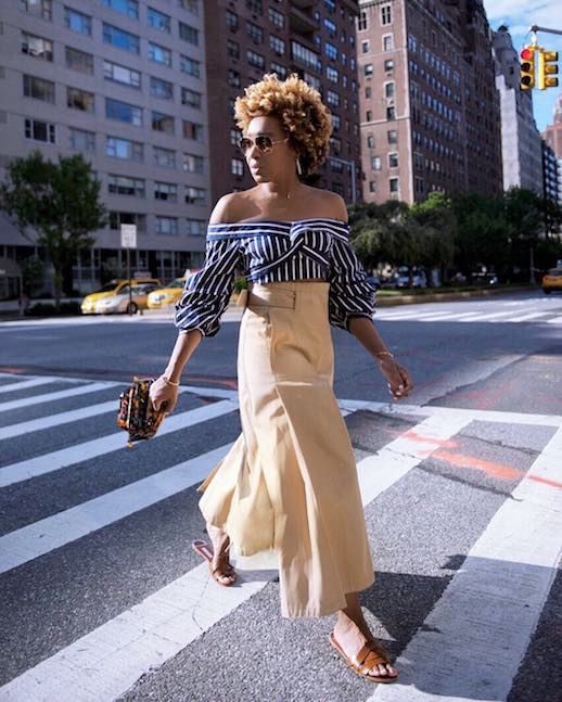 Le Fashion Blog Blogger Style Sunglasses Blue Off The Shoulder Striped Blouse High Waited Skirt Camel Colored Flat Sandals Via @Karenbritchick 