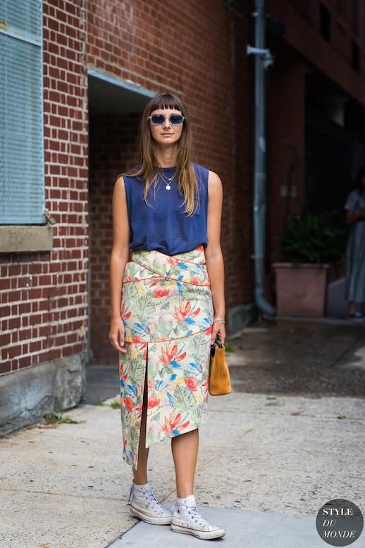 Le Fashion Blog Brie Welch Blue Tank Top Printed Floral Pencil Skirt With Slit White Converse Sneakers Via Style Du Monde 