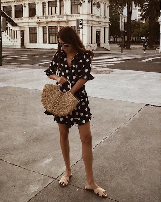 Le Fashion Blog Casual Chic Sunglasses Polka Dotted Dress Basket Tote Wicker Flats Via @Dorytrendy 