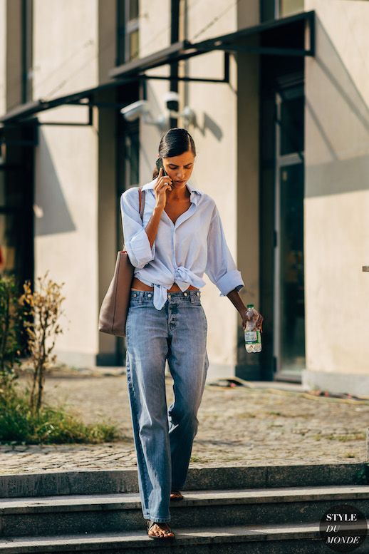 Le Fashion Blog Casual Milan Street Style Tied Button Up Shirt Oversized Slouchy Jeans Flat Sandals Via Style Du Monde 
