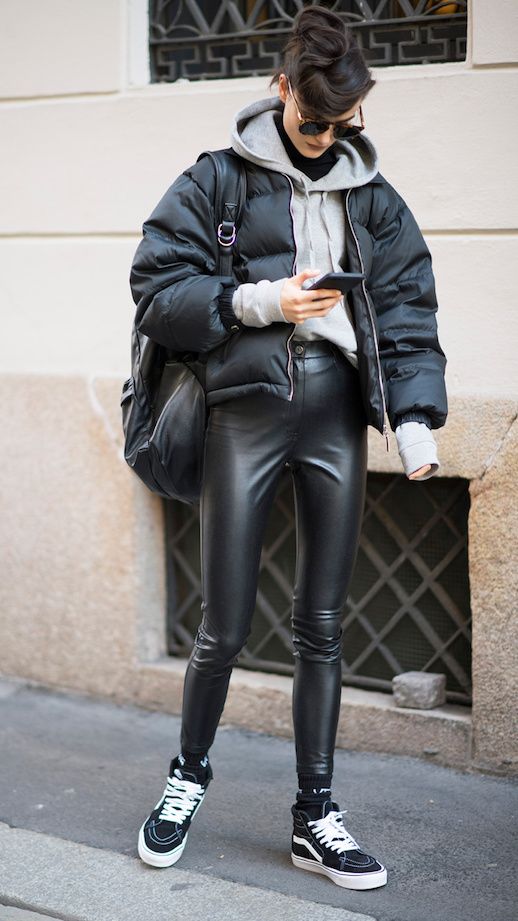 Le Fashion Blog Casual Sporty Sunglasses Grey Hoodie Black Puffer Coat Leather Leggings Black Vans Via Stylecaster 