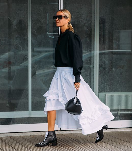 Le Fashion Blog Celine Aagaard Black Sunglasses Black Sweater White Ruffled Assymetrical Skirt black Heeled Boots Via Style Du Monde 