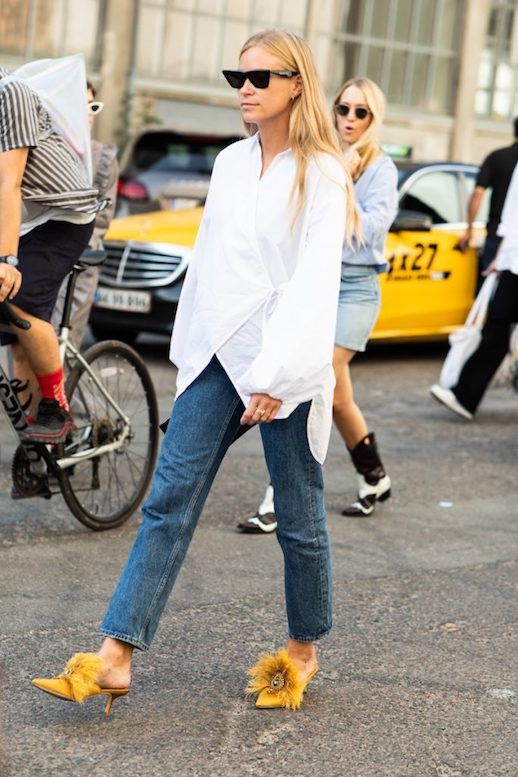 Le Fashion Blog Copenhagen Fashion Week Modern Sunglasses White Blouse Straight Leg Jeans Canary Yellow Feathered Mules Via Sandra Semburg 