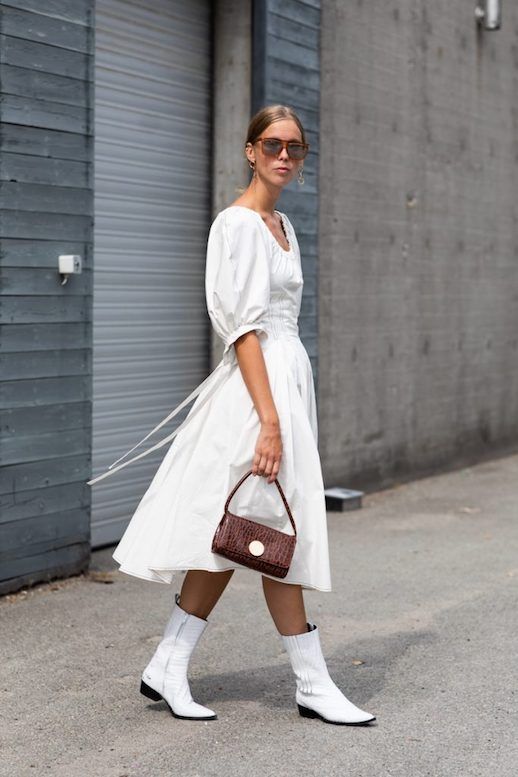 Le Fashion Blog Copenhagen SS 2019  Street Style Sunglasses White Balloon Sleeve Midi Dress White Cowboy Boots Via Sandra Semburg 