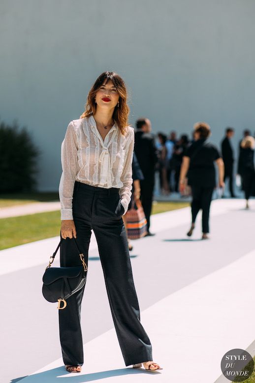 Le Fashion Blog Couture Week Street Style Jeanne Damas Sheer Long Sleeve Blouse Black Trousers  Dior Bag Heeled Sandals Via Style Du Monde 