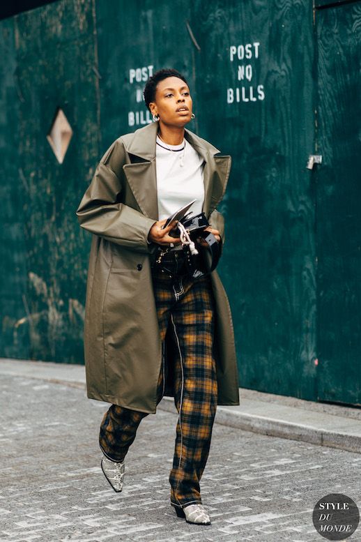 Le Fashion Blog Donna Wallace London Fashion Week Street Style Leather Coat White T Shirt Plaid Pants Snakeskin Boots Via Style Du Monde 