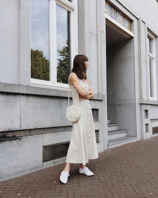 Le Fashion Blog Easy Summer Look Cream Maxi Button Front Dress Basket Tote White Dad Sneakers Via @modedamour 