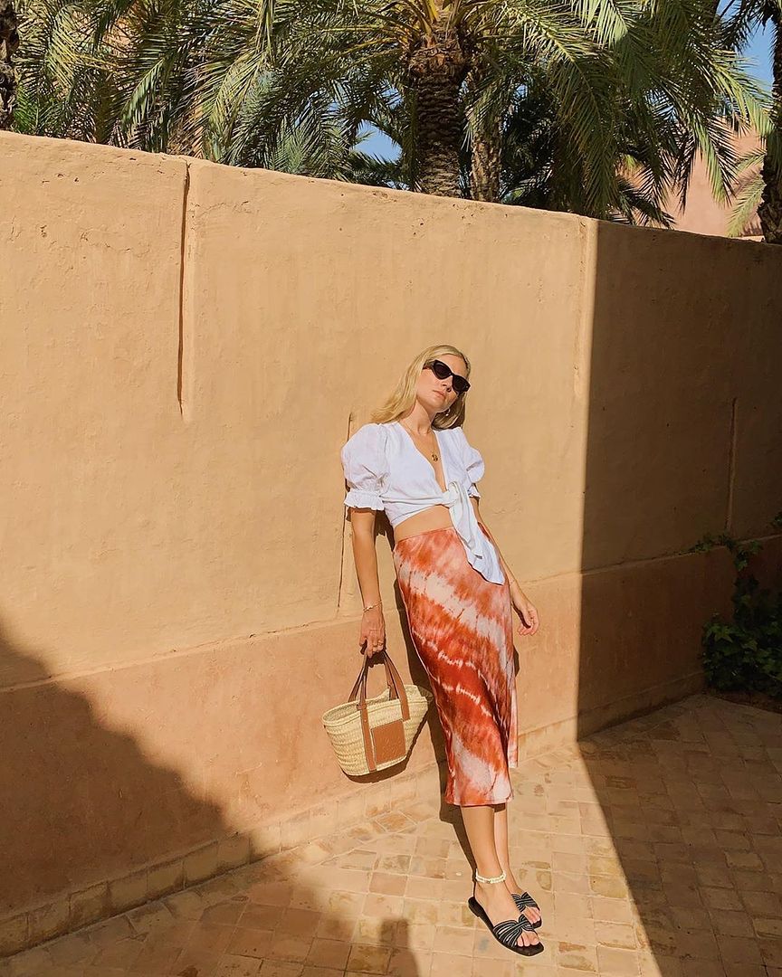Le Fashion Blog Easy Summer Outfit White Cropped Blouse Tie Dye Silk Midi Skirt Basket Bag Flat Sandals Via Lucywilliams02 Instagram